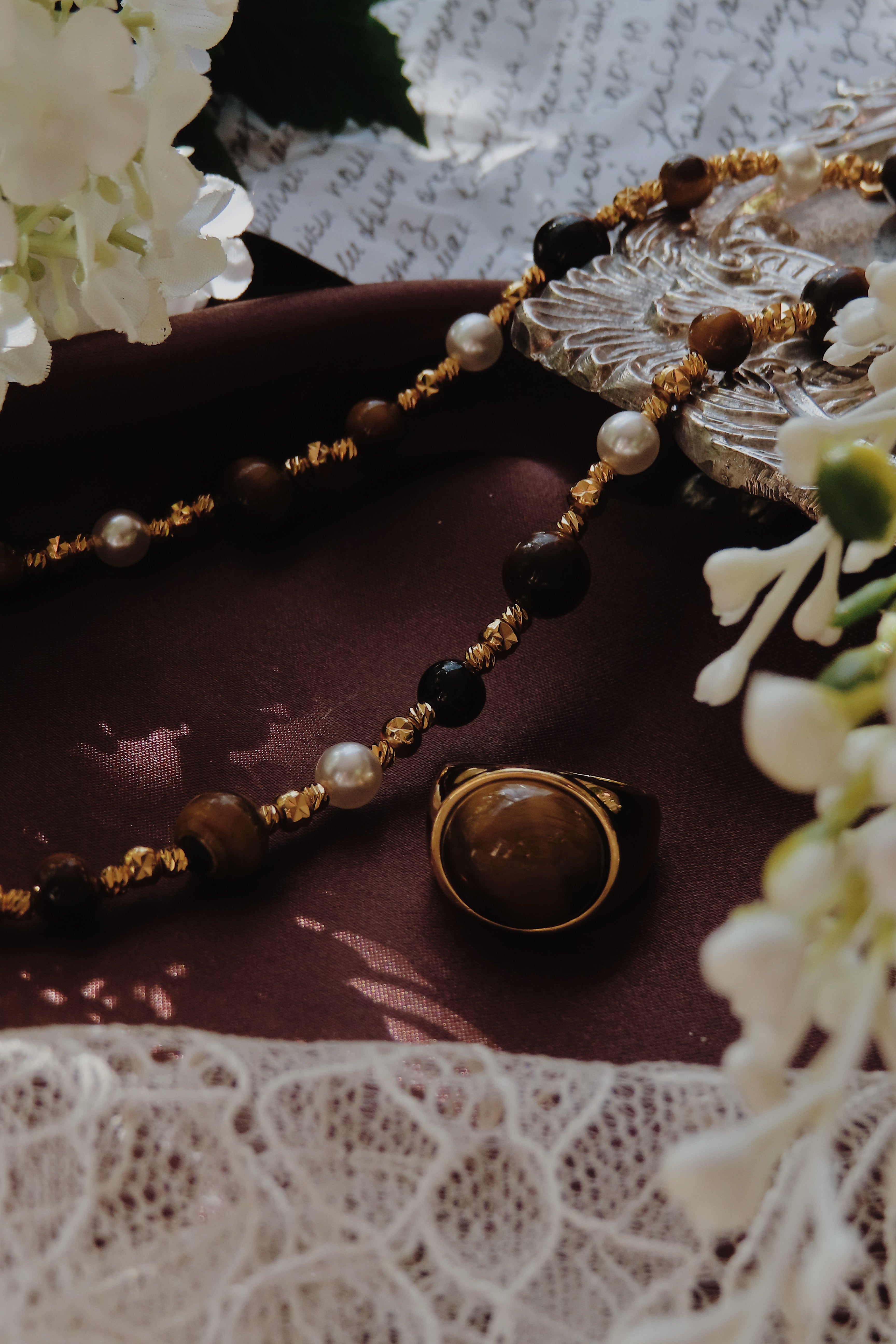 The Aurelia Strand — Tiger Eye & Pearl Necklace